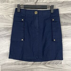Tory Burch Skirt Womens 6 Navy Blue Stretch Cotton Cargo‎ Pencil Mini Gold Logo